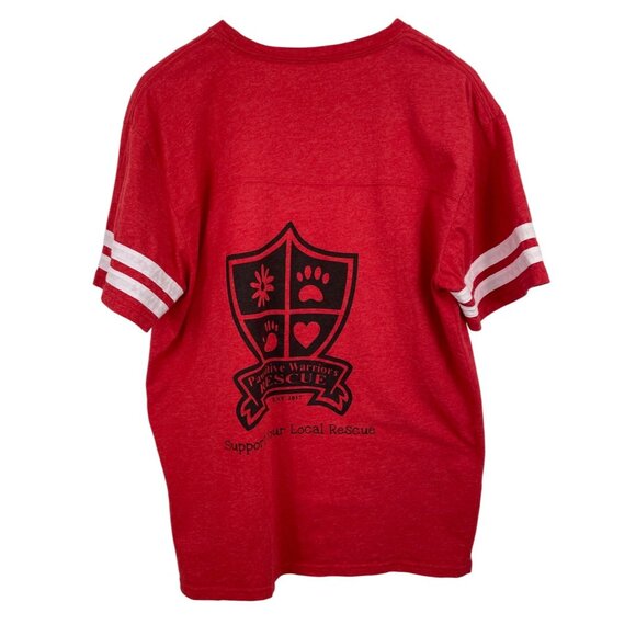 Pawtie Warriors Rescue Red Graphic T-Shirt w/White Striped Sleeves Womens Large - Picture 2 of 8